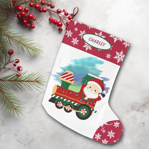 Snowflake Border Santa Claus Locomotive Large Christmas Stocking