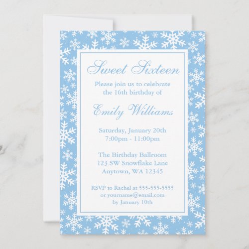 Snowflake Border Winter Wonderland Sweet 16 Blue Invitation