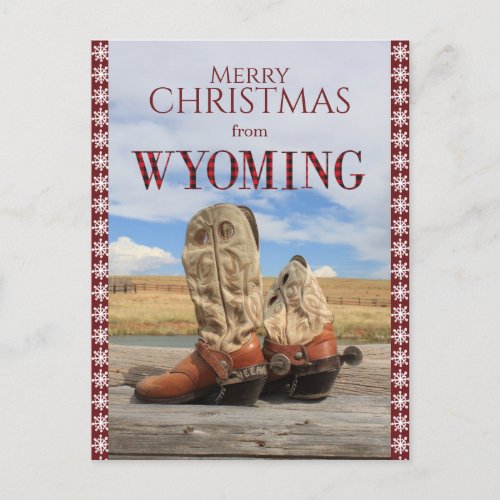 Snowflake Border Wyoming Cowboy Boots Christmas Holiday Postcard