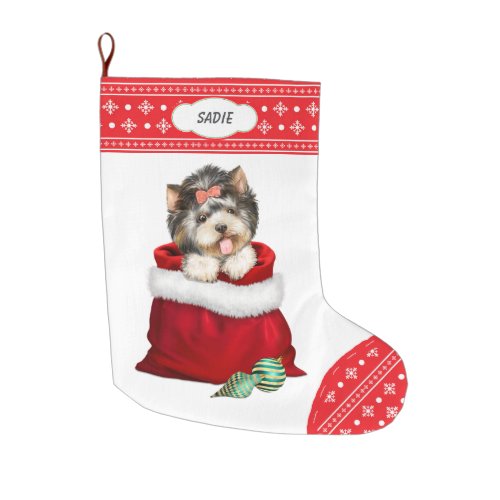 Snowflake Border Yorkie Gift Surprise Large Christmas Stocking