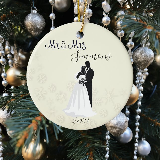 Snowflake Bride Groom Just Married Mr Mrs Date Ceramic Ornament (Creator Uploaded)