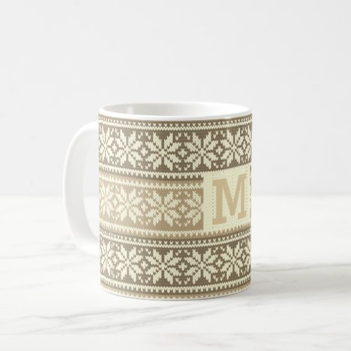 Snowflake Brown Nordic Faux Knit Sweater Monogram  Coffee Mug
