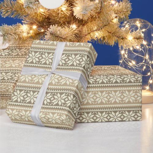 Snowflake Brown Nordic Knit Sweater Pattern Wrapping Paper