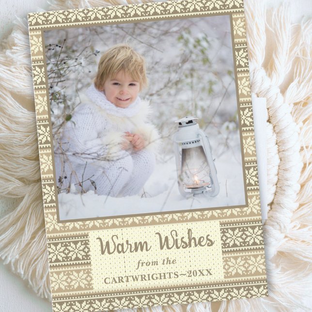 Snowflake Brown Nordic Sweater Photo Warm Wishes Holiday Card (Creator Uploaded)