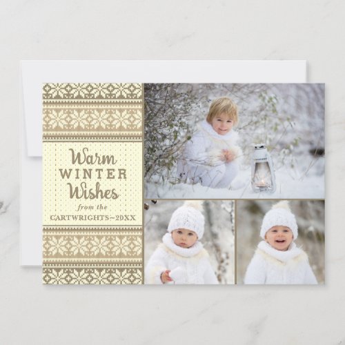Snowflake Brown Sweater Warm Winter Wishes 3 Photo Holiday Card