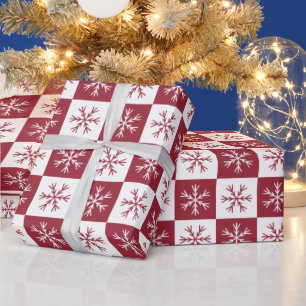 Snowflake Burgundy Checkered Pattern Christmas Wrapping Paper