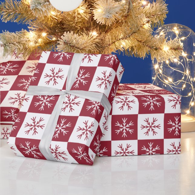 Snowflake Burgundy Checkered Pattern Christmas Wrapping Paper (Holidays)