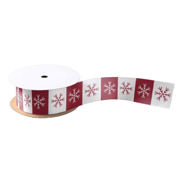 Snowflake Burgundy White Stripe Christmas Pattern Satin Ribbon (Spool)