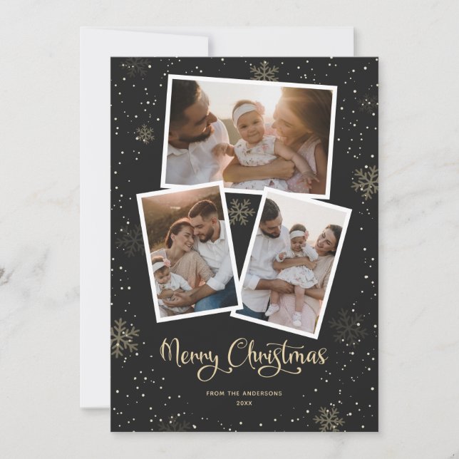 Snowflake Calligraphy Black Photo Merry Christmas Holiday Card (Front)