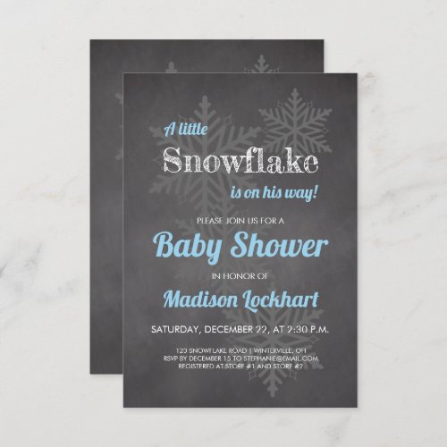 Snowflake Chalkboard Boys Blue Winter Baby Shower Invitation