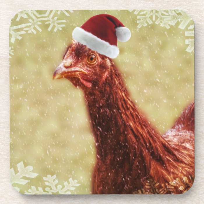 Snowflake Chicken in Santa Hat Coaster