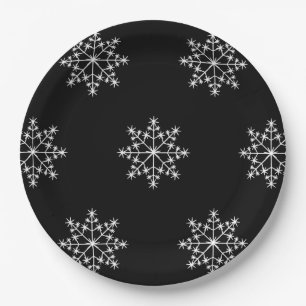 Snowflake Christmas Black White Design Holiday Paper Plates