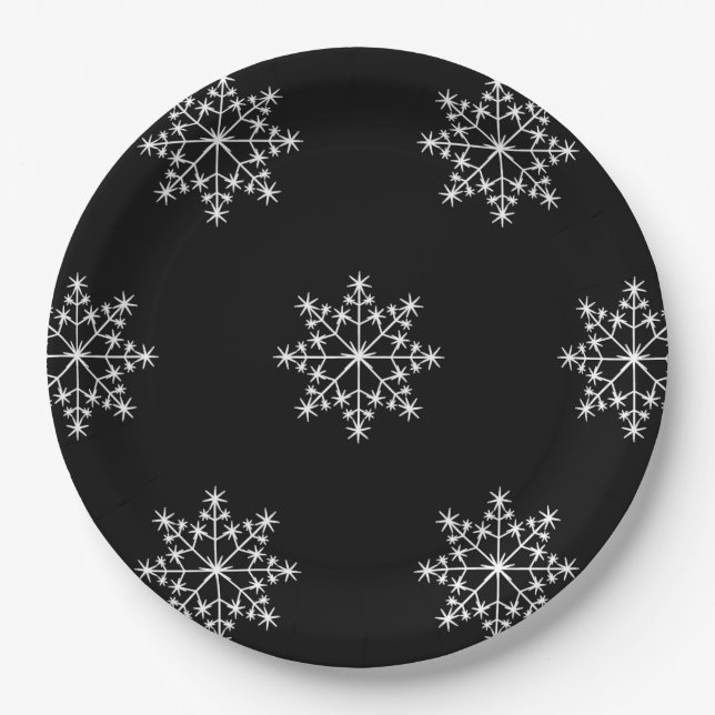 Snowflake Christmas Black White Design Holiday Paper Plates (Front)