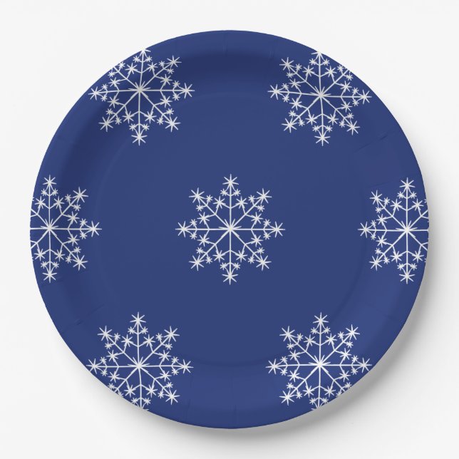 Snowflake Christmas Blue Design Xmas Holiday Paper Plates (Front)