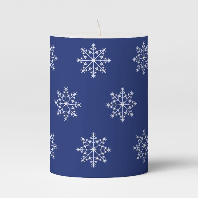 Snowflake Christmas Blue Design Xmas Holiday Pillar Candle (Front)
