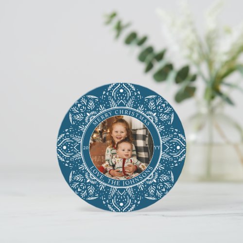 Snowflake Christmas Blue Round Photo Holiday Card