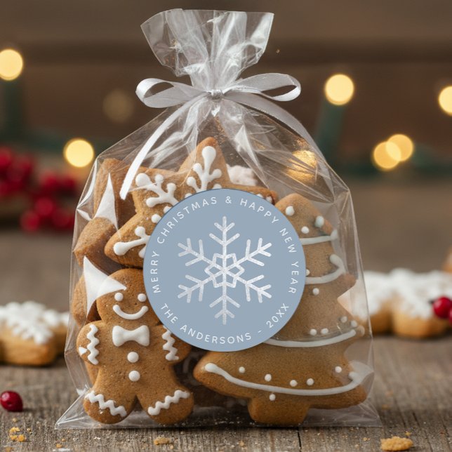 Snowflake Christmas Dusty Blue Elegant Faux Silver Classic Round Sticker (Creator Uploaded)