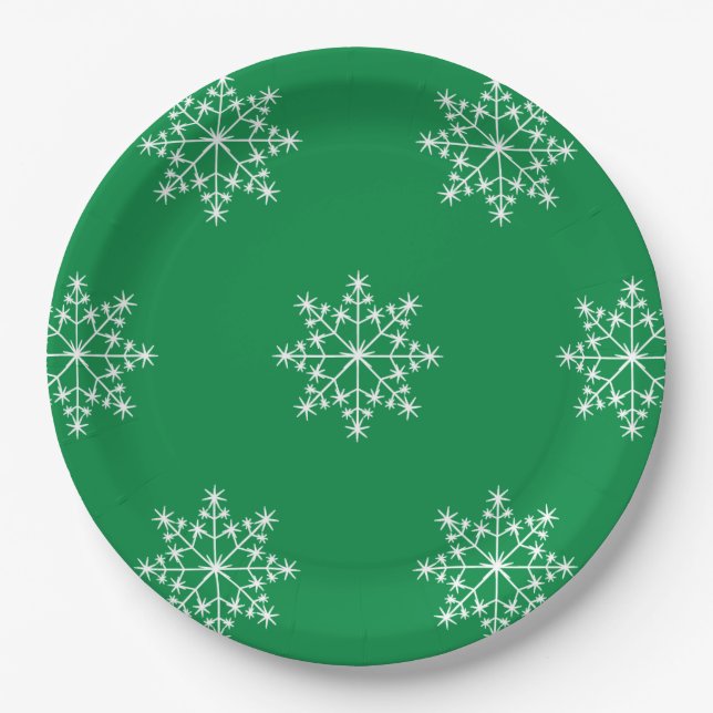 Snowflake Christmas Green Design Xmas Holiday Paper Plates (Front)