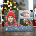 Snowflake Christmas Photo - blue white snowflakes Holiday Postcard<br><div class="desc">3 photo collage with blue and white snowflakes - PHOTO TIP: If you upload your pictures and they don't fit,  click on the CUSTOMIZE THIS button. It might take a little patience,  but you can move and resize your photo. You can also change and move the type!</div>