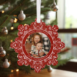 Snowflake Christmas Red Round Photo Ornament Card<br><div class="desc">Christmas Card Ornaments are finally here; create a keepsake with photo and text to mail to your loved ones; color of the snowflake pattern and the background are editable</div>