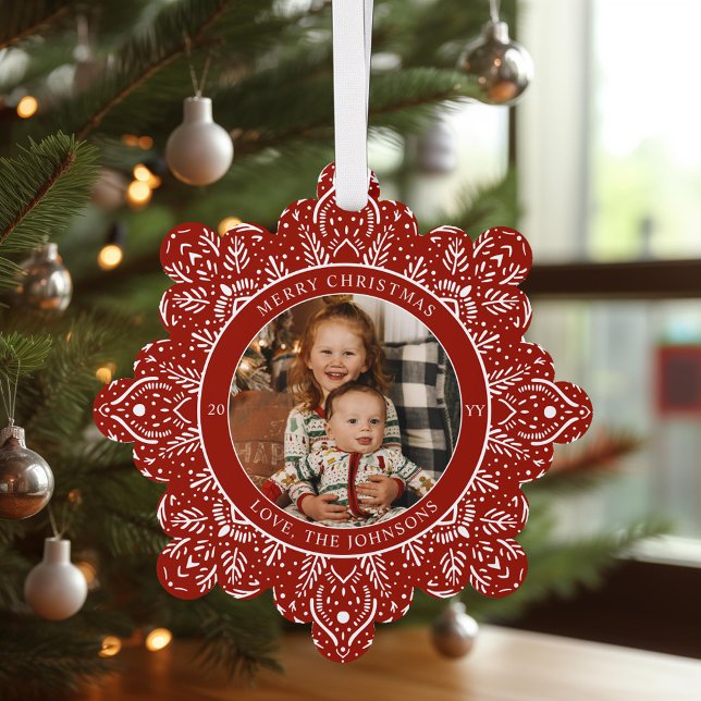 Snowflake Christmas Red Round Photo Ornament Card (Creator Uploaded)