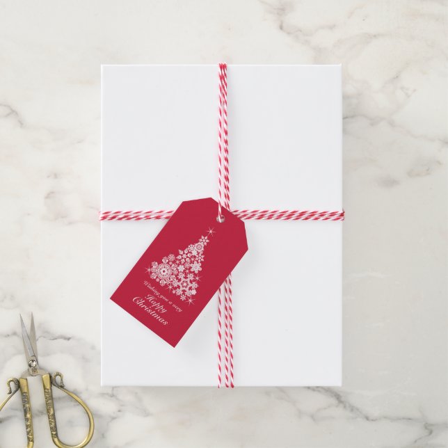 Snowflake Christmas tree red and white gift tag (With Twine)