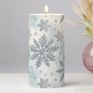 Snowflake Christmas Watercolor Pine Blue Pillar Candle