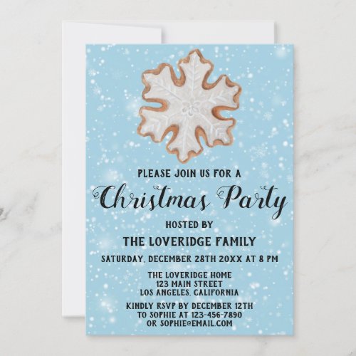 Snowflake Cookie Holiday Christmas Party Blue Snow Invitation