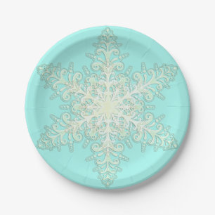 Snowflake cream lace winter white teal elegant paper plates