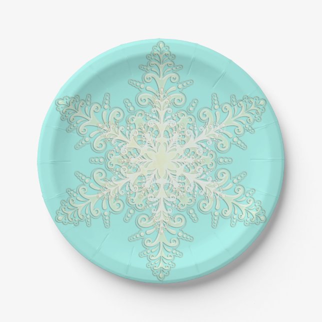 Snowflake cream lace winter white teal elegant paper plates (Front)