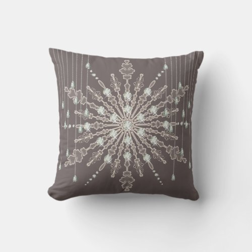 Snowflake crystal  jewel elegant winter brown throw pillow