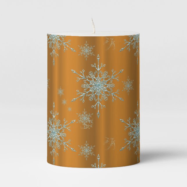 Snowflake Crystals Blue and Gold Christmas Pillar Candle (Front)