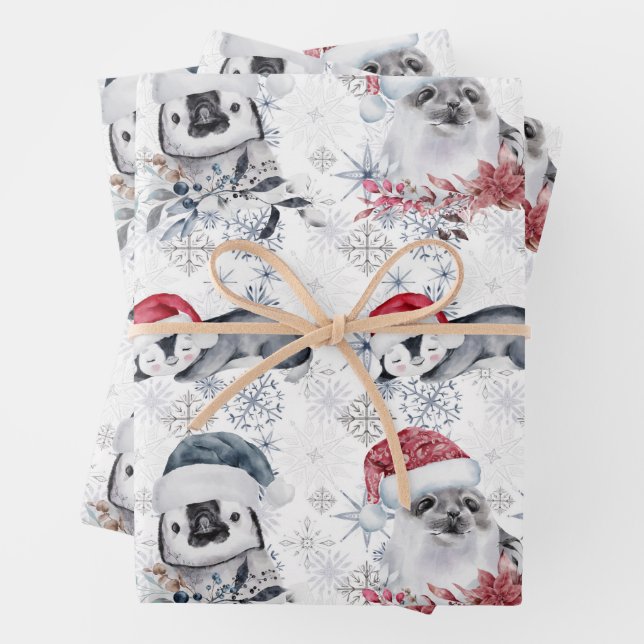 Snowflake Cute Christmas Animal Pattern Wrapping Paper Sheets (In situ)