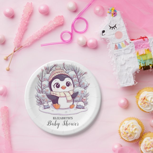 Snowflake Cute Penguin Baby Shower Paper Plates (Party)