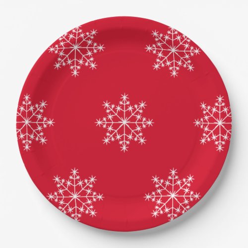 Snowflake Design Christmas Red Holiday Paper Plates