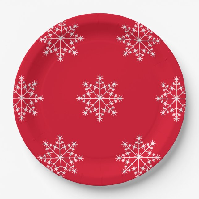 Snowflake Design Christmas Red Holiday Paper Plates (Front)