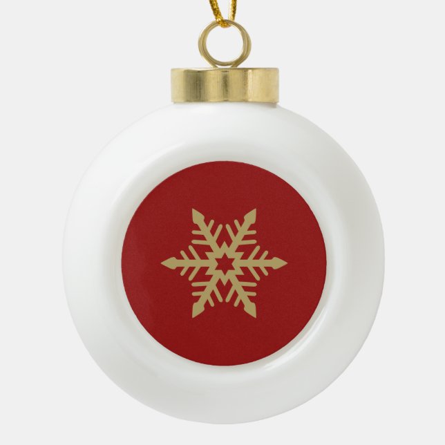 Snowflake Design Gold on Red Ceramic Ball Christmas Ornament (Front)