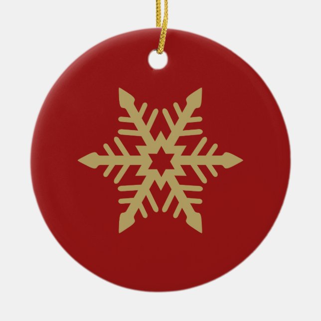 Snowflake Design Gold on Red Ceramic Ornament (Front)