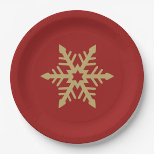 Snowflake Design Gold on Red Paper Plates