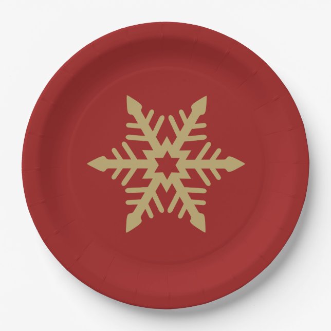 Snowflake Design Gold on Red Paper Plates (Front)