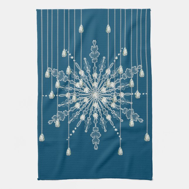 Snowflake diamond elegant winter blue gray kitchen towel (Vertical)