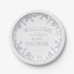 Snowflake Dusty Blue Modern Winter Bridal Shower Paper Plates
