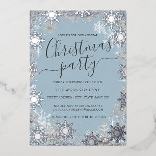 Snowflake Dusty Blue Silver Christmas Work Party Foil Invitation