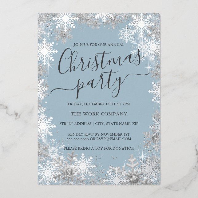 Snowflake Dusty Blue Silver Christmas Work Party   Foil Invitation (Front)