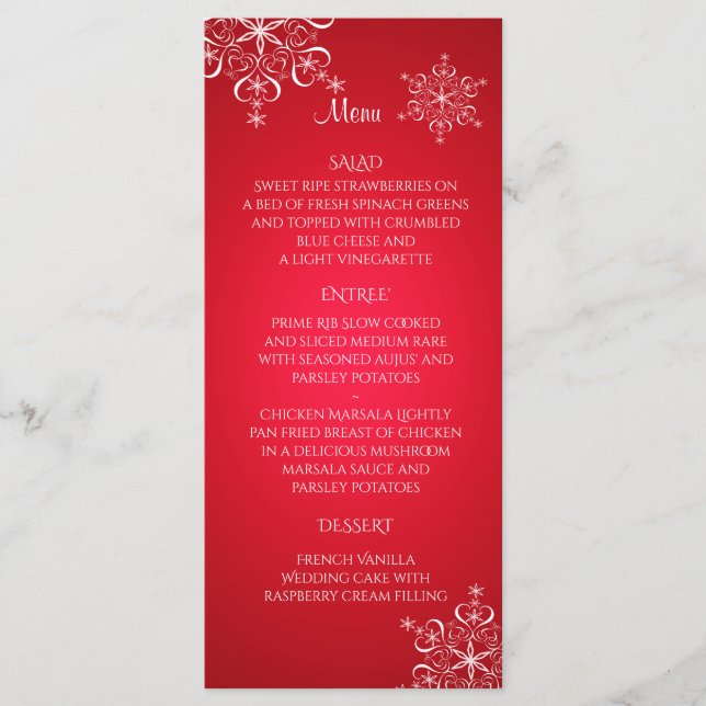Snowflake Elegance Wedding Menu Red (Front)