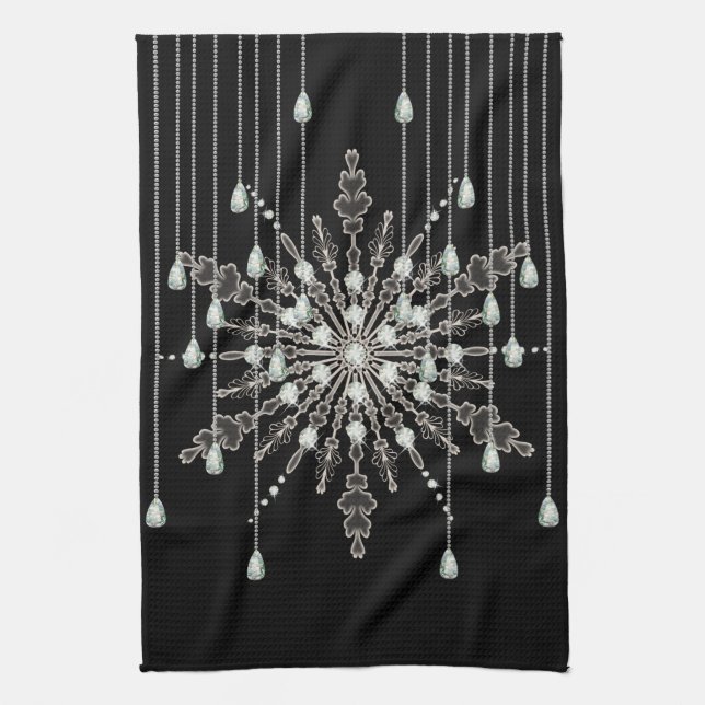 Snowflake elegant jewel look winter black gray kitchen towel (Vertical)