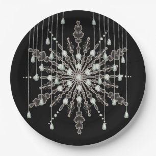 Snowflake elegant jewel look winter black gray paper plates