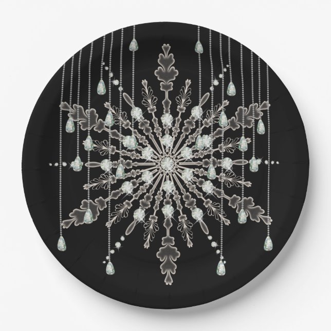 Snowflake elegant jewel look winter black gray paper plates (Front)
