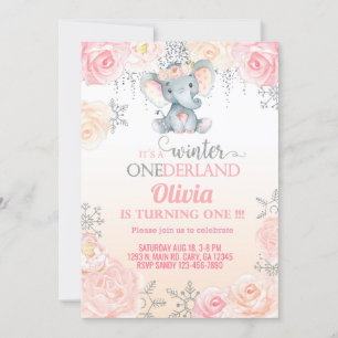 Snowflake elephant girl 1st birthday invite. invit invitation