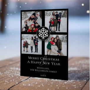 Snowflake Emblem Photo Collage   Black Holiday Card